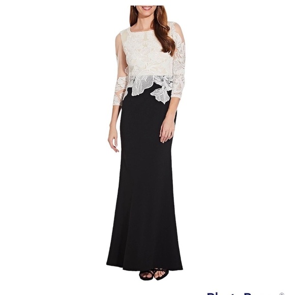 NWT Adrianna Papel black & cream lace overlay full length formal dress size 4 - Picture 1 of 11